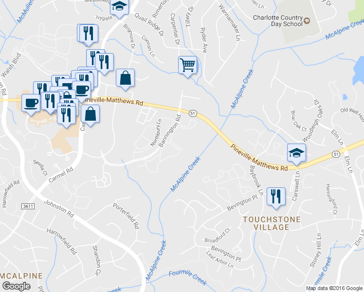 map of restaurants, bars, coffee shops, grocery stores, and more near 6880 Poppy Hills Lane in Charlotte