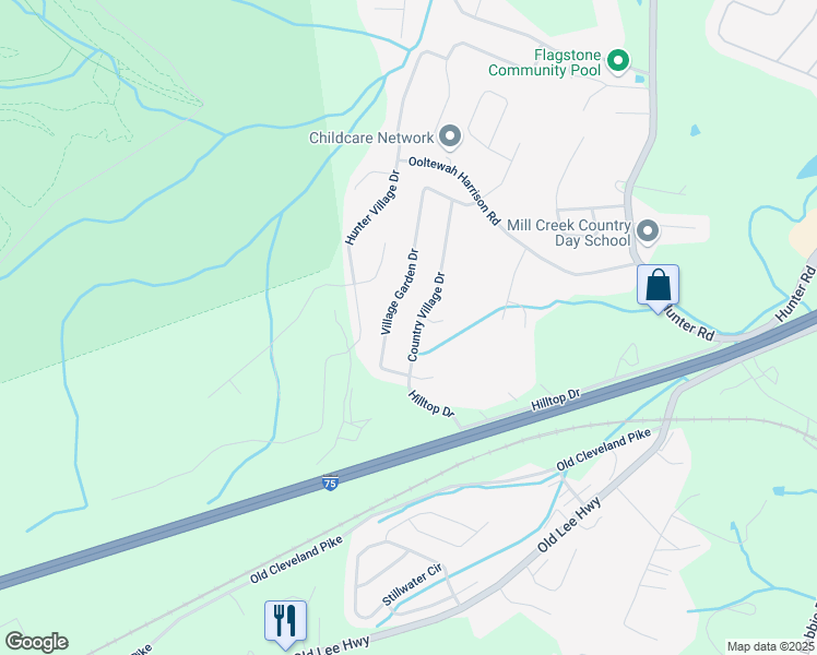 map of restaurants, bars, coffee shops, grocery stores, and more near 5400 Village Garden Drive in Ooltewah