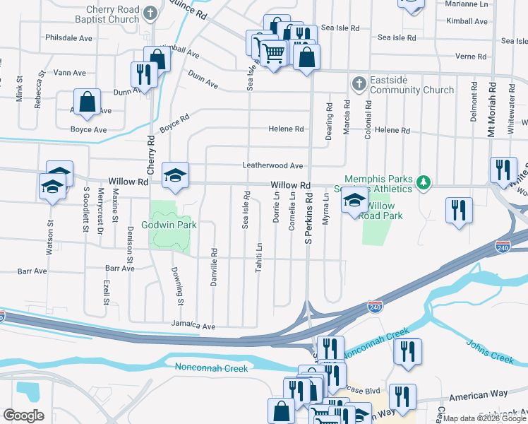 map of restaurants, bars, coffee shops, grocery stores, and more near 1714 Tahiti Lane in Memphis