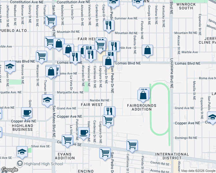 map of restaurants, bars, coffee shops, grocery stores, and more near 800 Cagua Drive Northeast in Albuquerque