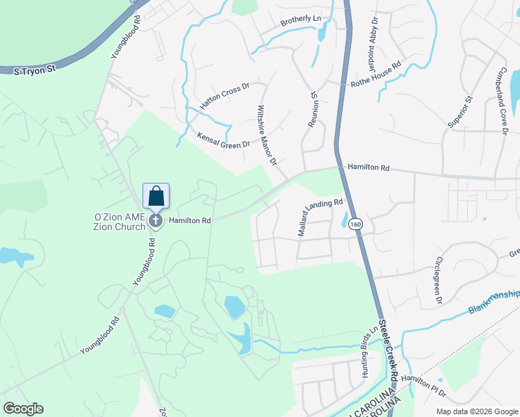 map of restaurants, bars, coffee shops, grocery stores, and more near 13501 Hamilton Road in Charlotte