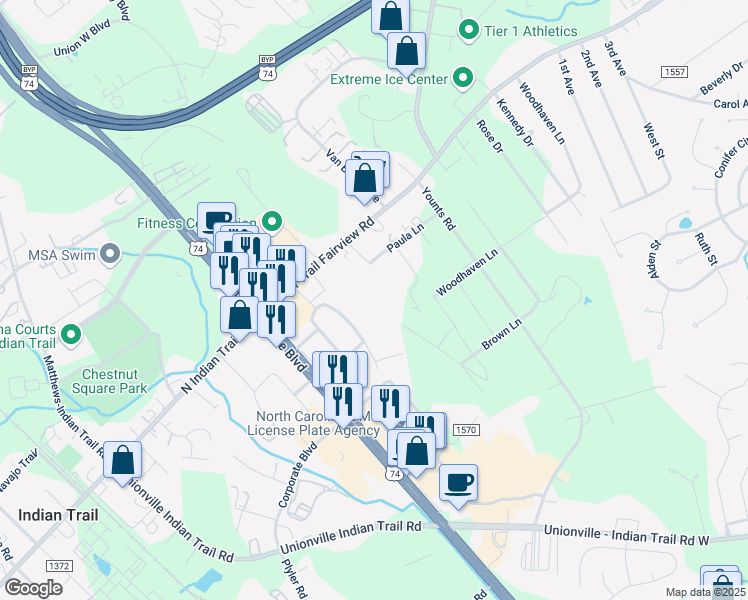 map of restaurants, bars, coffee shops, grocery stores, and more near Gary Lane in Indian Trail