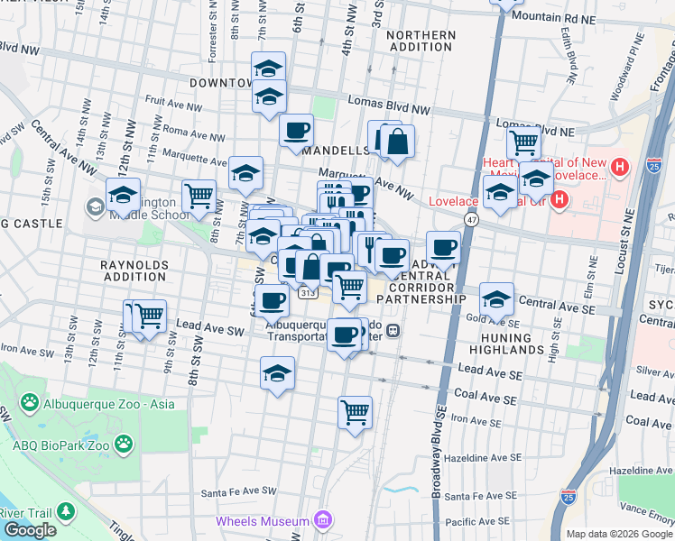 map of restaurants, bars, coffee shops, grocery stores, and more near in Albuquerque