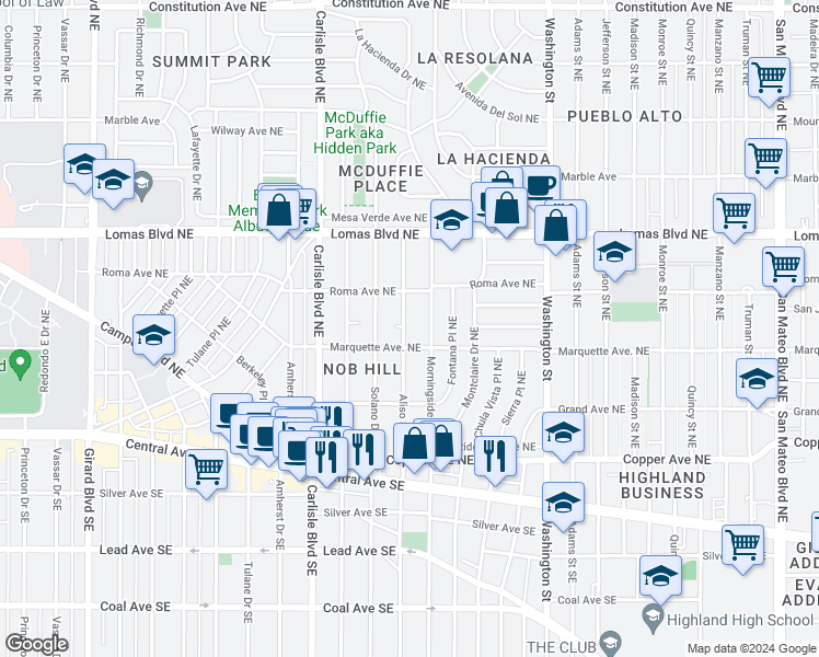 map of restaurants, bars, coffee shops, grocery stores, and more near 412 Aliso Drive Northeast in Albuquerque