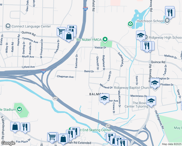 map of restaurants, bars, coffee shops, grocery stores, and more near 2355 Lynnfield Street in Memphis