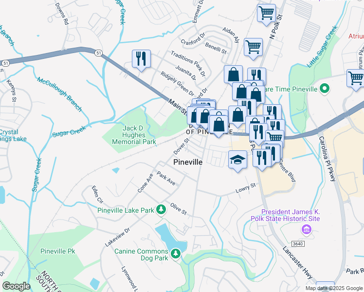 map of restaurants, bars, coffee shops, grocery stores, and more near Dover Street in Pineville