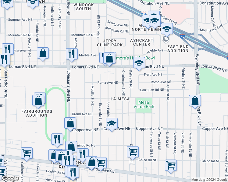 map of restaurants, bars, coffee shops, grocery stores, and more near 621 Grove Street Northeast in Albuquerque