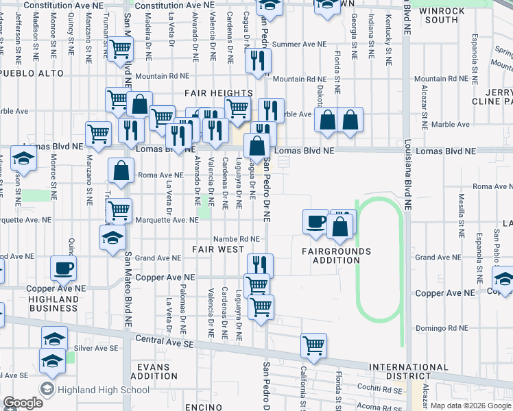 map of restaurants, bars, coffee shops, grocery stores, and more near 800 Cagua Drive Northeast in Albuquerque