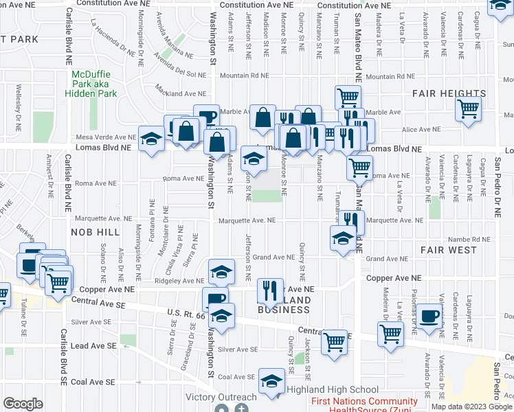 map of restaurants, bars, coffee shops, grocery stores, and more near 441 Jefferson Street Northeast in Albuquerque