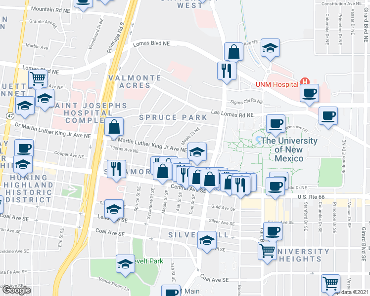 map of restaurants, bars, coffee shops, grocery stores, and more near 411 Maple Street Northeast in Albuquerque