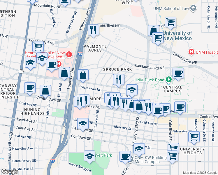 map of restaurants, bars, coffee shops, grocery stores, and more near 415 Sycamore Street Southeast in Albuquerque