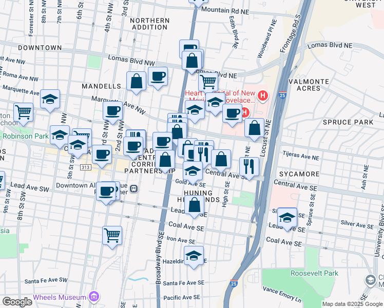 map of restaurants, bars, coffee shops, grocery stores, and more near 411 Tijeras Avenue Northeast in Albuquerque