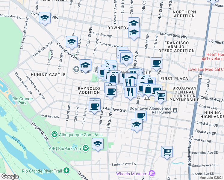 map of restaurants, bars, coffee shops, grocery stores, and more near 810 Park Avenue Southwest in Albuquerque