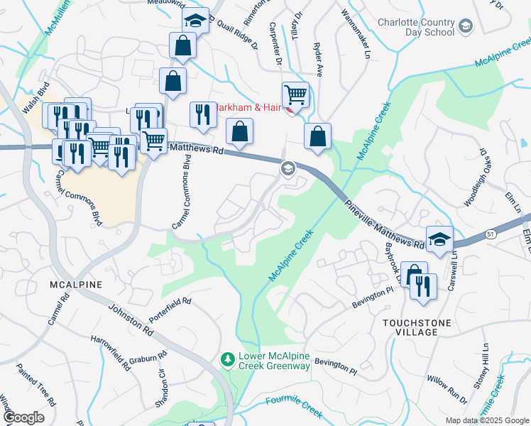 map of restaurants, bars, coffee shops, grocery stores, and more near 6745 Cow Hollow Drive in Charlotte