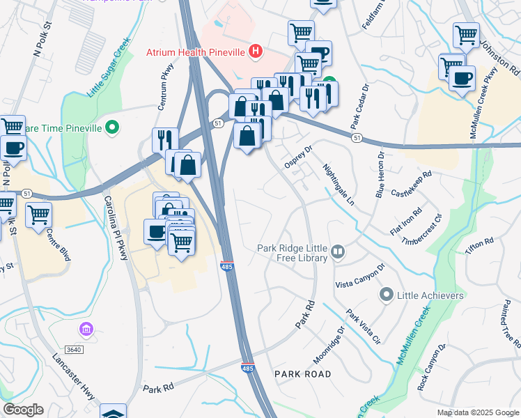 map of restaurants, bars, coffee shops, grocery stores, and more near 10329 Osprey Drive in Pineville