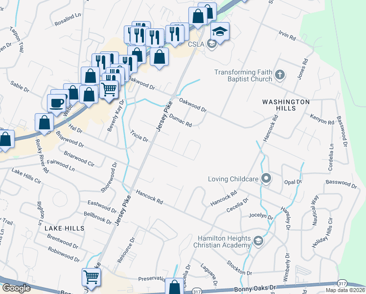 map of restaurants, bars, coffee shops, grocery stores, and more near 4712 Mary Hall Lane in Chattanooga