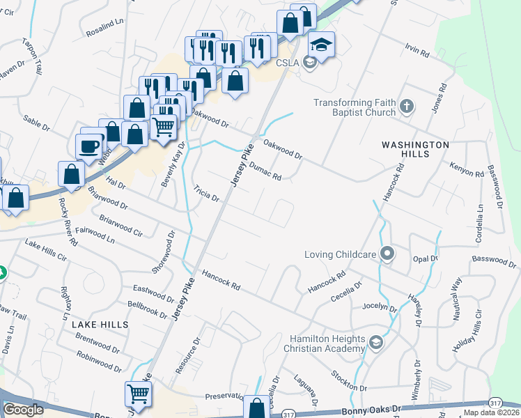 map of restaurants, bars, coffee shops, grocery stores, and more near 4712 Mary Hall Lane in Chattanooga