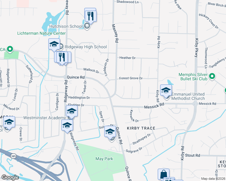 map of restaurants, bars, coffee shops, grocery stores, and more near 2342 Massey Road in Memphis