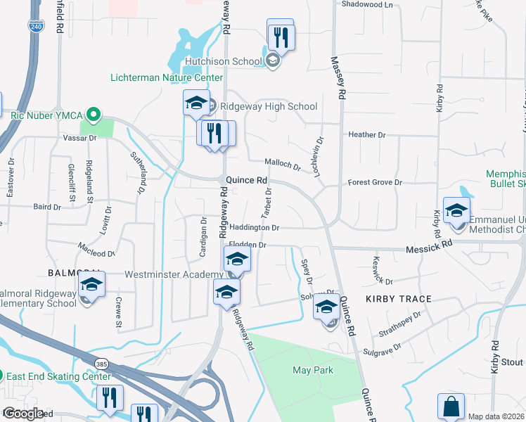map of restaurants, bars, coffee shops, grocery stores, and more near 2336 Tarbet Drive in Memphis