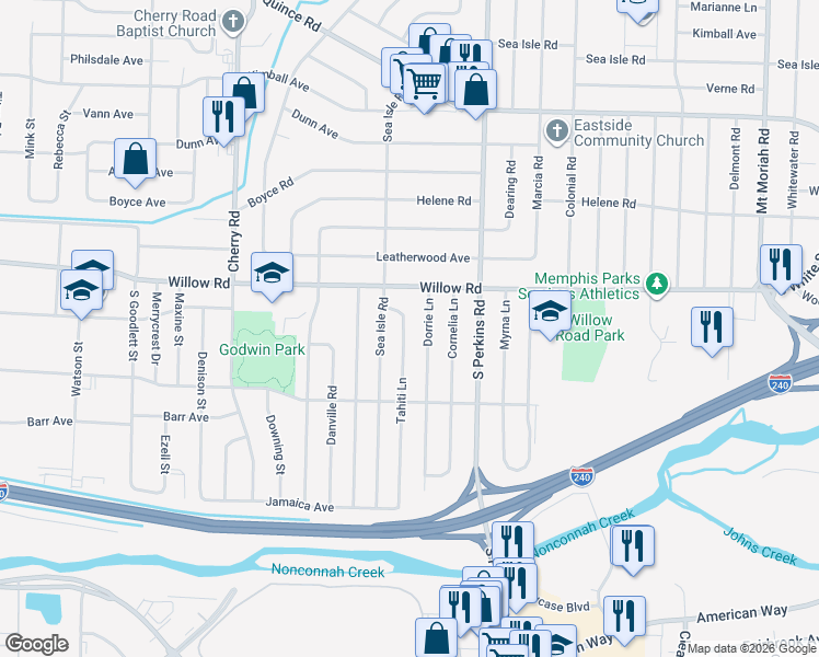 map of restaurants, bars, coffee shops, grocery stores, and more near 1714 Tahiti Lane in Memphis