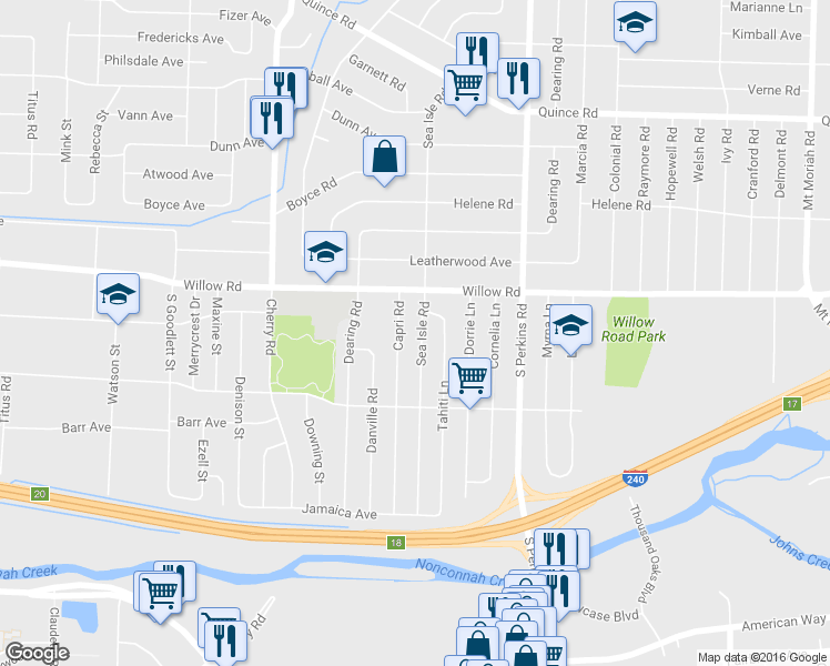 map of restaurants, bars, coffee shops, grocery stores, and more near 1706 Capri Road in Memphis