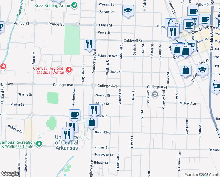 map of restaurants, bars, coffee shops, grocery stores, and more near 1922 College Avenue in Conway