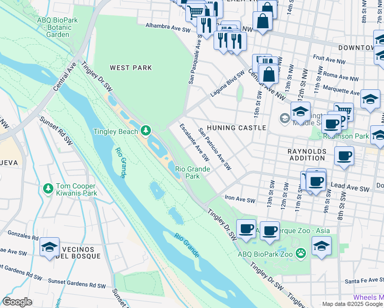 map of restaurants, bars, coffee shops, grocery stores, and more near 1624 Escalante Avenue Southwest in Albuquerque