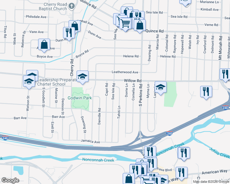 map of restaurants, bars, coffee shops, grocery stores, and more near 1706 Capri Road in Memphis