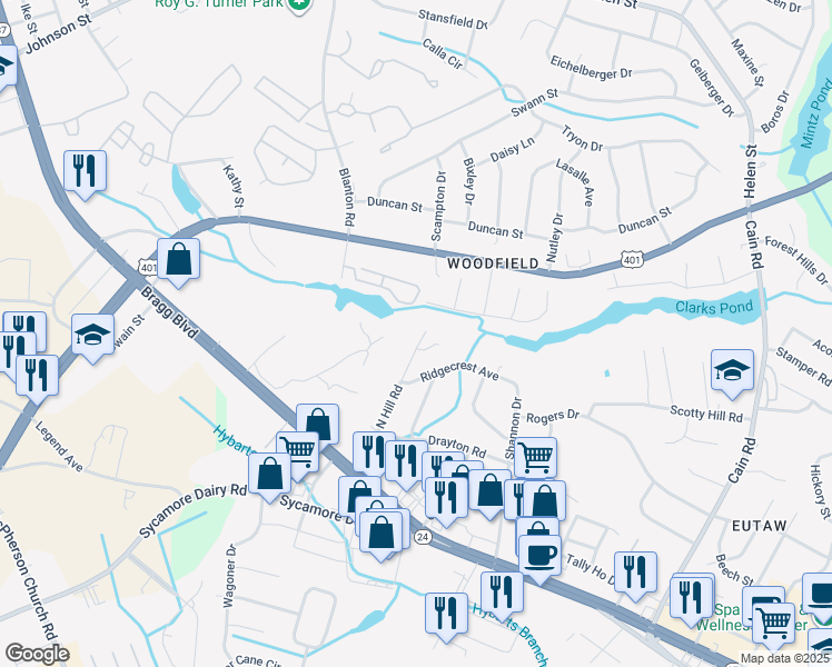 map of restaurants, bars, coffee shops, grocery stores, and more near 2963 Walden Road in Fayetteville