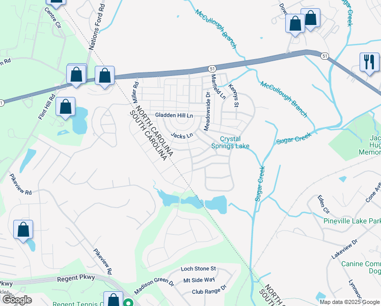 map of restaurants, bars, coffee shops, grocery stores, and more near 11641 Miller Road in Pineville