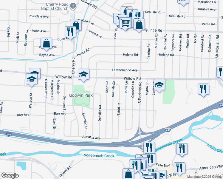 map of restaurants, bars, coffee shops, grocery stores, and more near 1706 Capri Road in Memphis