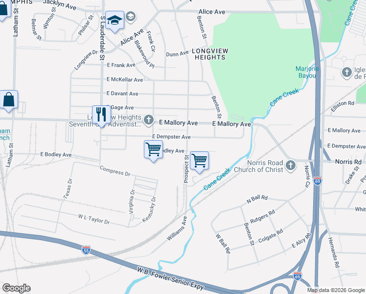 map of restaurants, bars, coffee shops, grocery stores, and more near 765 East Dempster Avenue in Memphis