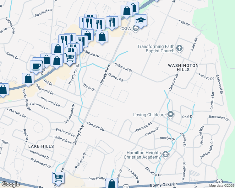 map of restaurants, bars, coffee shops, grocery stores, and more near 4712 Mary Hall Lane in Chattanooga