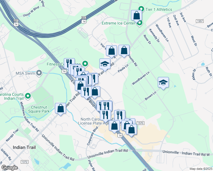 map of restaurants, bars, coffee shops, grocery stores, and more near Gary Lane in Indian Trail