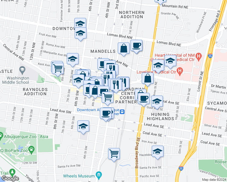 map of restaurants, bars, coffee shops, grocery stores, and more near 121 2nd Street Northwest in Albuquerque