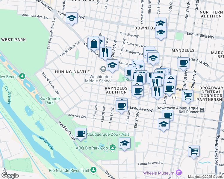 map of restaurants, bars, coffee shops, grocery stores, and more near 1106 Gold Avenue Southwest in Albuquerque