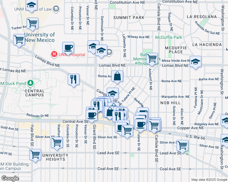 map of restaurants, bars, coffee shops, grocery stores, and more near 427 Lafayette Place Northeast in Albuquerque