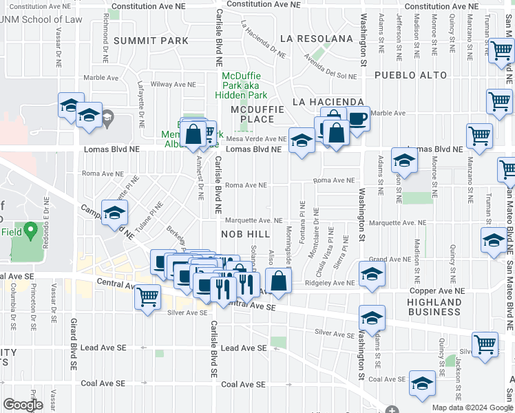 map of restaurants, bars, coffee shops, grocery stores, and more near 416 Solano Drive Northeast in Albuquerque