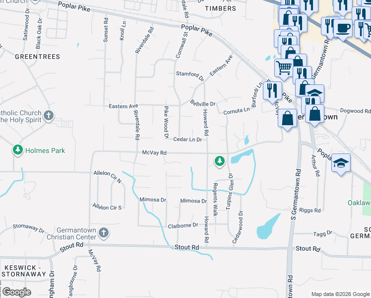 map of restaurants, bars, coffee shops, grocery stores, and more near 7247 Cedar Lane Drive in Germantown