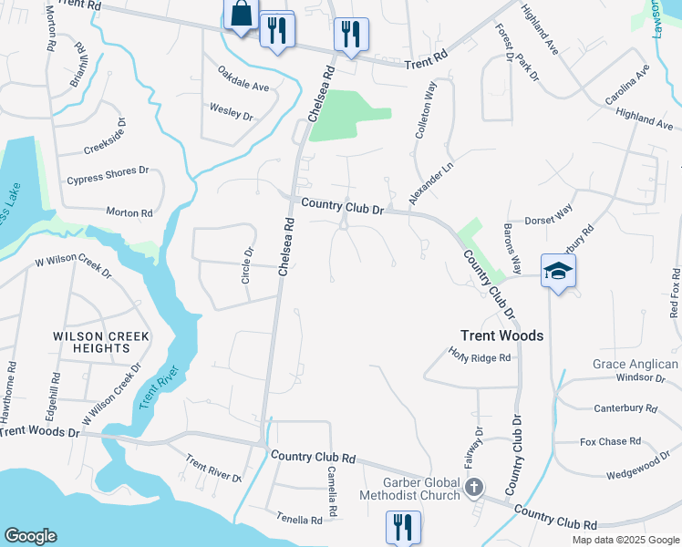 map of restaurants, bars, coffee shops, grocery stores, and more near 4508 Berkley Drive in Trent Woods
