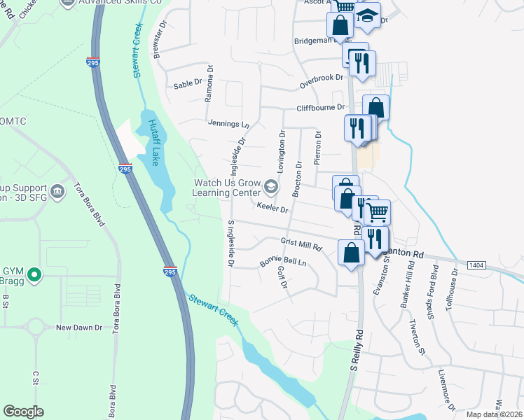 map of restaurants, bars, coffee shops, grocery stores, and more near 203 Lovington Drive in Fayetteville