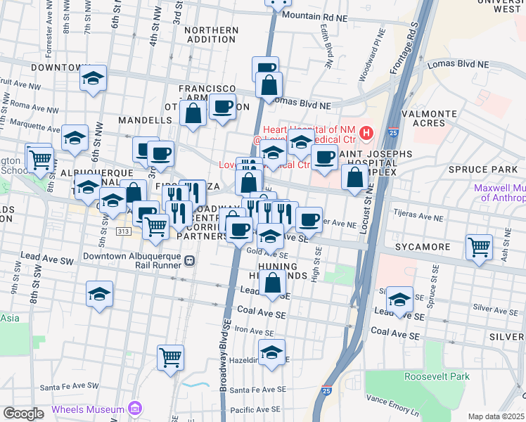 map of restaurants, bars, coffee shops, grocery stores, and more near 300 Tijeras Avenue Northeast in Albuquerque
