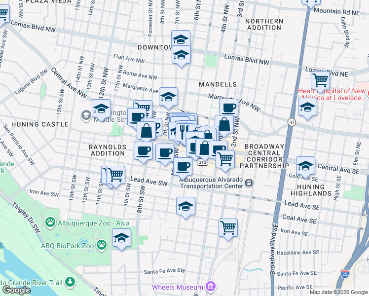 map of restaurants, bars, coffee shops, grocery stores, and more near 505 Central Avenue Southwest in Albuquerque