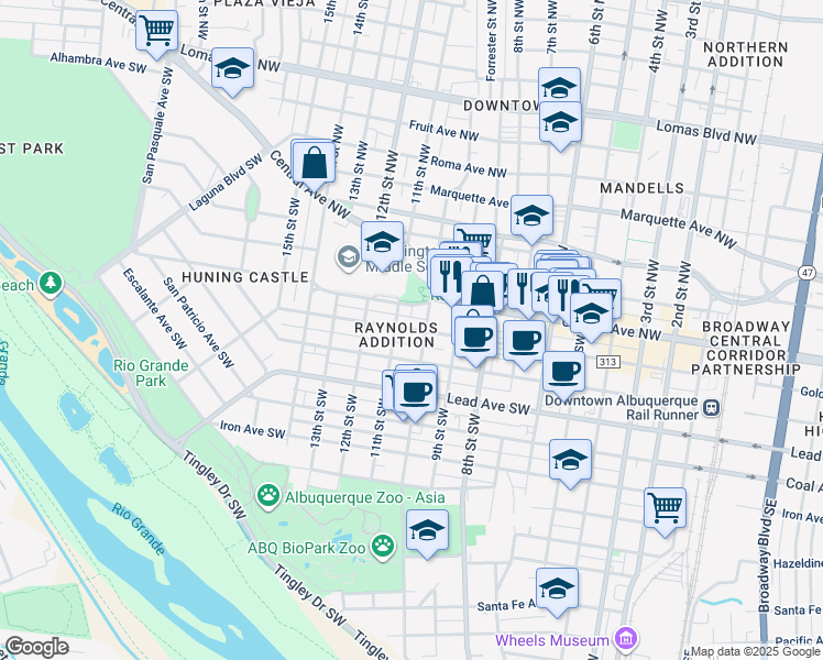 map of restaurants, bars, coffee shops, grocery stores, and more near 205 10th Street Southwest in Albuquerque