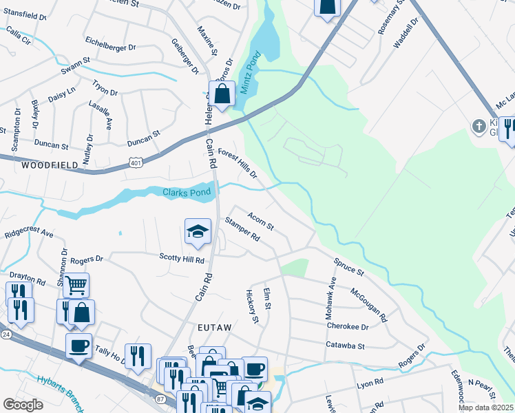 map of restaurants, bars, coffee shops, grocery stores, and more near 1510 Woodleaf Lane in Fayetteville