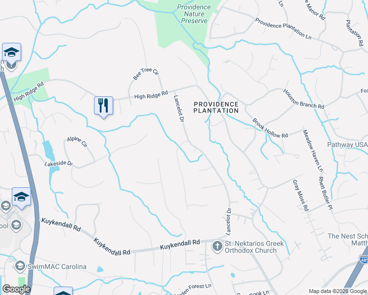 map of restaurants, bars, coffee shops, grocery stores, and more near 5823 Camelot Drive in Charlotte