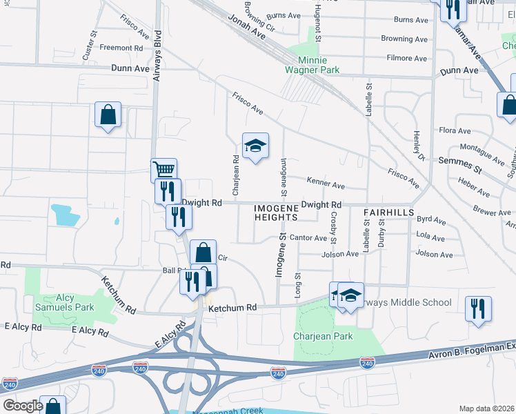 map of restaurants, bars, coffee shops, grocery stores, and more near 2210 Charjean Road in Memphis