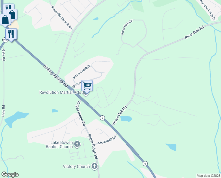 map of restaurants, bars, coffee shops, grocery stores, and more near 434 Sunburst Lane in Inman