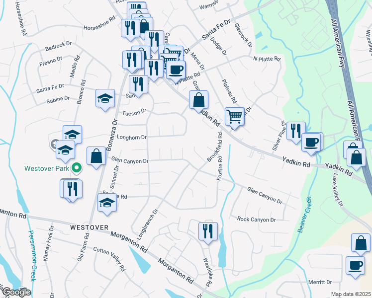 map of restaurants, bars, coffee shops, grocery stores, and more near 5317 Tabor Court in Fayetteville