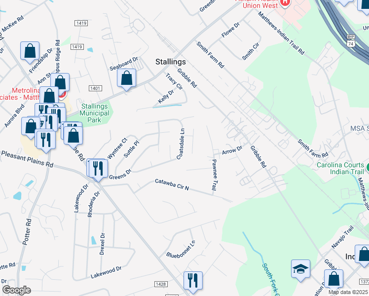 map of restaurants, bars, coffee shops, grocery stores, and more near 2234 Coatsdale Lane in Matthews